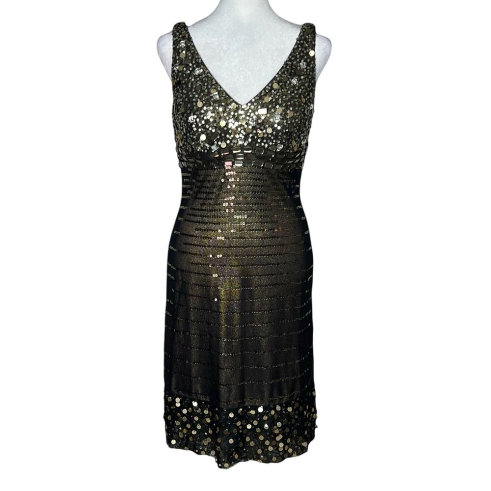 VTG Janine Sequin Rhinestone Dress S Black Gold Bronze Art Deco Cocktail Party